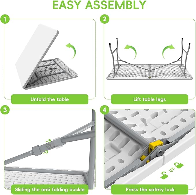 HLPB 6ft Folding Table with Handle & Safety Locks - Portable Picnic & Camping Table, Indoor/Outdoor Dining & Work Table for Weddings & Parties Plastic Construction