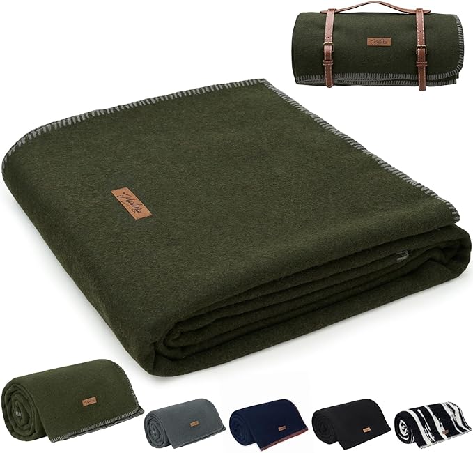 100% Wool Blanket, 48" x 62", Warm, Thick, Washable, Military Wool Blanket, Great for Camping, Outdoors, Sporting Events, Survival Kits，Olive Green