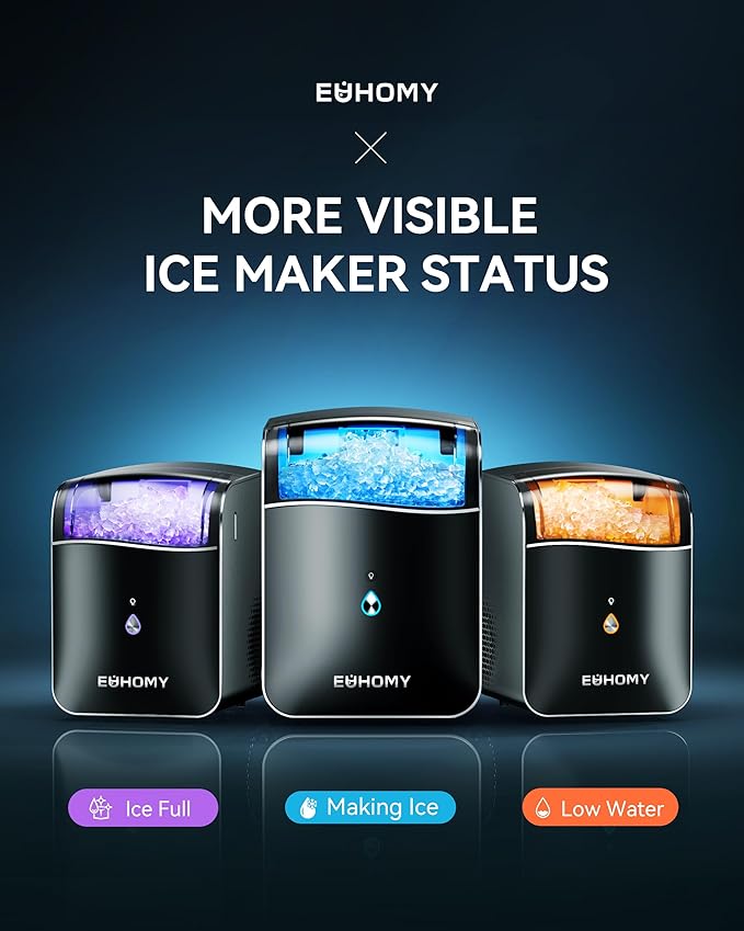 EUHOMY Smart Nugget Ice Maker Countertop, Portable Sonic Ice Maker with APP Control, 40lbs/24H, Ready in 8 Mins, Self-Cleaning, Pebble Ice Machine with Hanging Ice Scoop for Home/Kitchen/Office