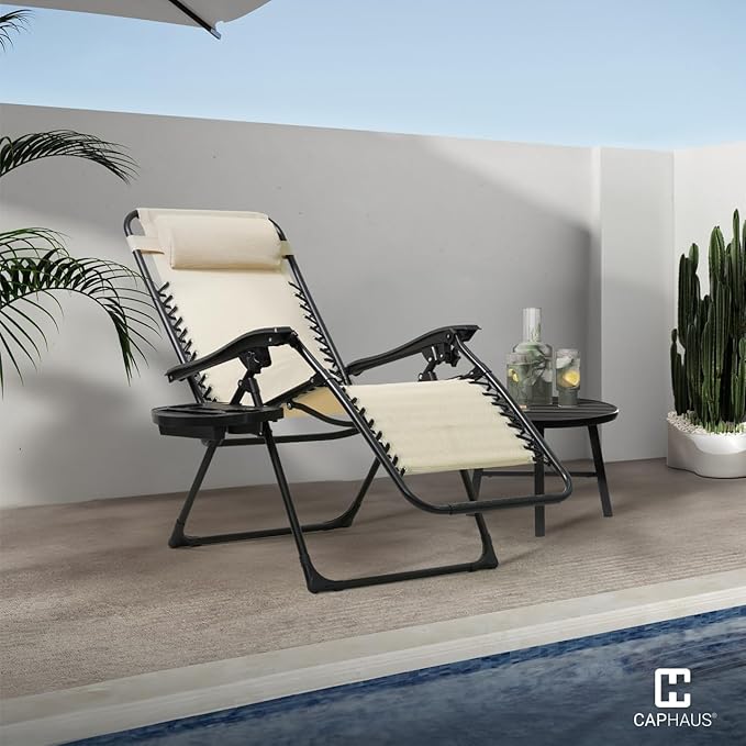 CAPHAUS Beige Zero Gravity Reclining Lounge Outdoor Chair, Zero Gravity Recliner, Anti-Gravity Chair for Indoor & Outdoor, Folding Reclining Chair w/Side Tray, Beige