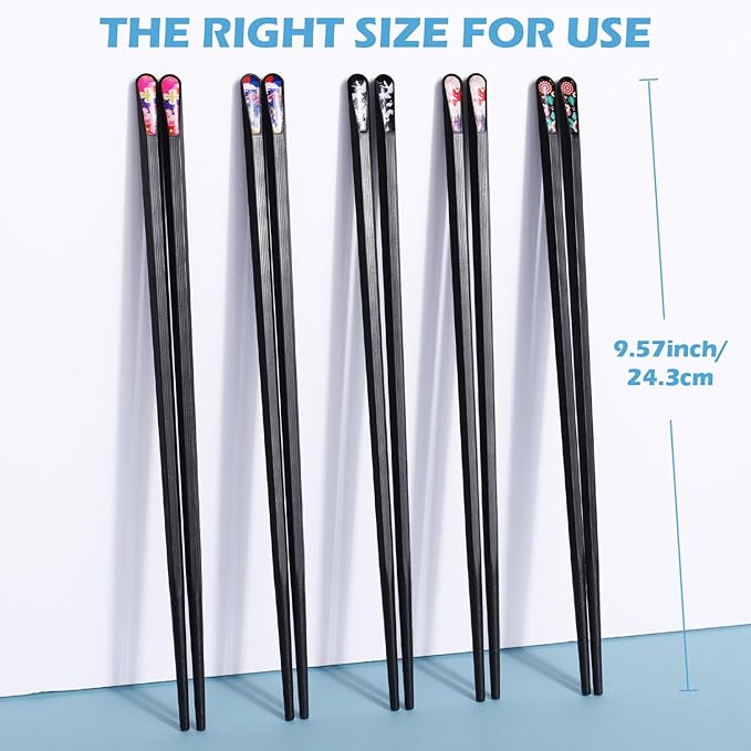 GLAMFIELDS 5 Pairs Premium Chopsticks Reusable Dishwasher Safe 9.5 Inch Fiberglass Chop Sticks Gift Set Hexagon Black Non Slip with the Printed Tops