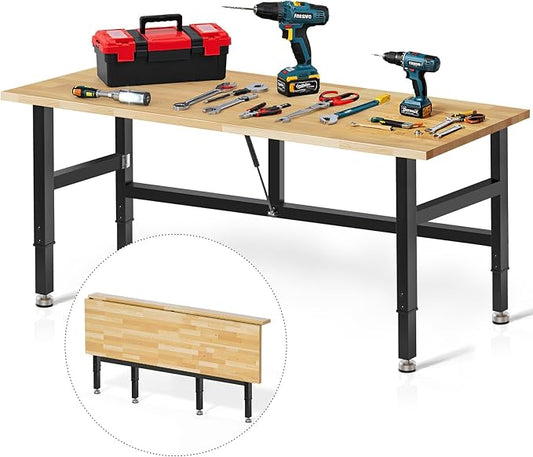 60” Folding Workbench, 2000 LBS Capacity Heavy Duty Workbench, Height Adjustable Foldable Work Table, Rubberwood Collapsible Desk for Workshop, Garage, Office, Home