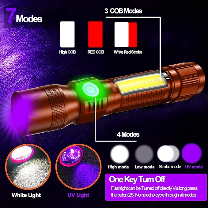 Black Light UV Flashlight Rechargeable, 3in1 Super Bright Tactical Flashlights LED UV Black Light &Redlight, 1500Lumen 7Modes, Zoomable, Waterproof Pocket Flashlight for Pet Stains Detection,Camping