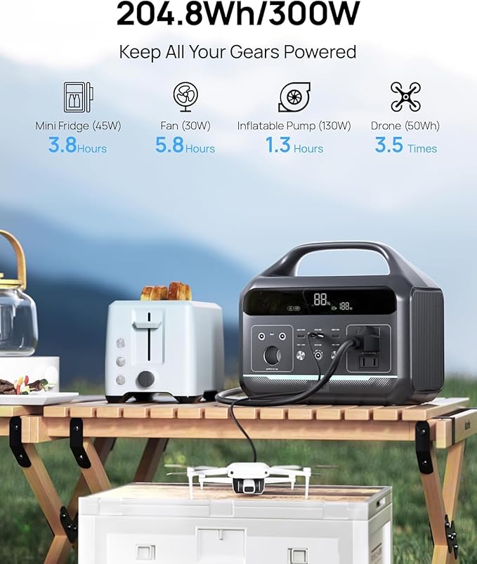 Portable Power Station 300W (600W Surge), 204Wh Solar Generator LiFePO4 Electric with AC&DC Outlets Fast Charging for Outdoors Camping Essentials Backup Bank Emergency, RV, Off-Grid Living