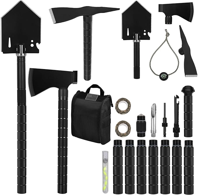 IUNIO Survival Off-Roading Tool Kit, 19 in 1 Folding Shovel, Camping Axe, Multitool, Pickaxe, with Carrying Bag, for Outdoor, Car Emergency (Upgrade Black)