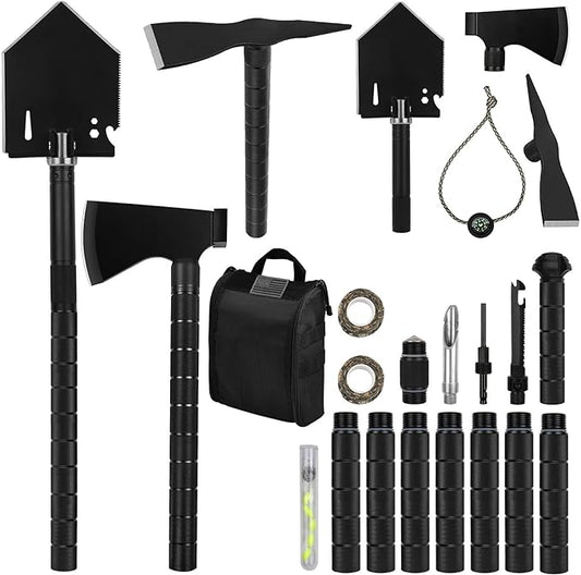 IUNIO Survival Off-Roading Tool Kit, 19 in 1 Folding Shovel, Camping Axe, Multitool, Pickaxe, with Carrying Bag, for Outdoor, Car Emergency (Upgrade Black)