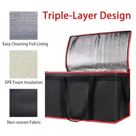 Bodaon 5-Pack Cooler Insulated Food Delivery Bag for Doordash/Uber Eats, XXX-Large Thermal Bags for Catering/Hot Pizza, Travel/Camping Essentials/Picnic/Grocery Reusable Warmer Frozen, Black-Red Edge