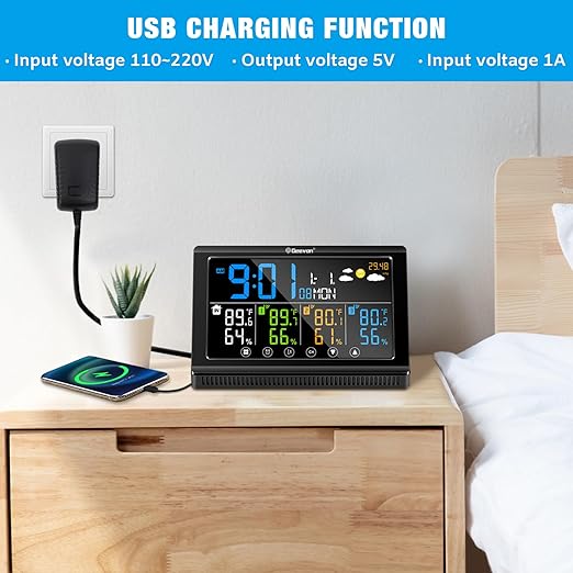 Geevon Weather Station Wireless Indoor Outdoor Thermometer 3 Sensors, Color Display Digital Temperature Humidity Monitor with Barometer, Calendar, USB Charge and Adjustable Backlight