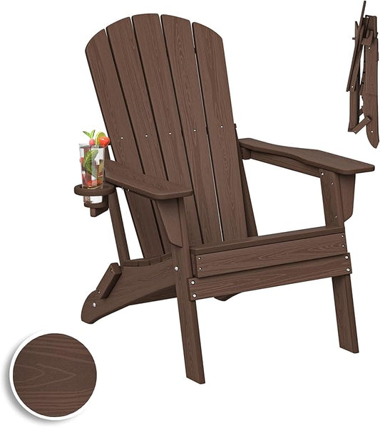 Folding Adirondack Chair, SGS Tested, Wooden Textured with Cup Holder, Heavy All-Weather HDPE Comfortable Set Poolside Backyard Lawn Coffee