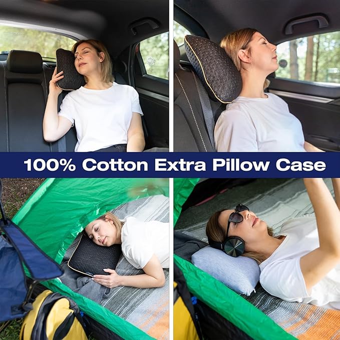 Memory Foam Pillow for Travel and Camping with Extra Cotton Cover – Easy to Carry Portable Bag (Black)