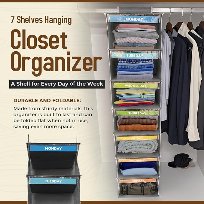 7 Shelves Hanging Closet Organizer, a Shelf for Every Day of The Week, Foldable Hanging Storage with Side Pockets, Clothes Storage for Bedroom, Weekly Clothes Organizer for Kids
