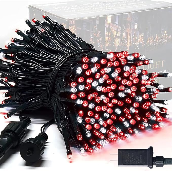 JMEXSUSS 250LED Red & White Christmas String Lights, 91.5ft Extendable Green Wire Christmas Lights Outdoor Waterproof, 8 Modes String Lights Indoor for Tree Wedding Party Garden Patio Decoration