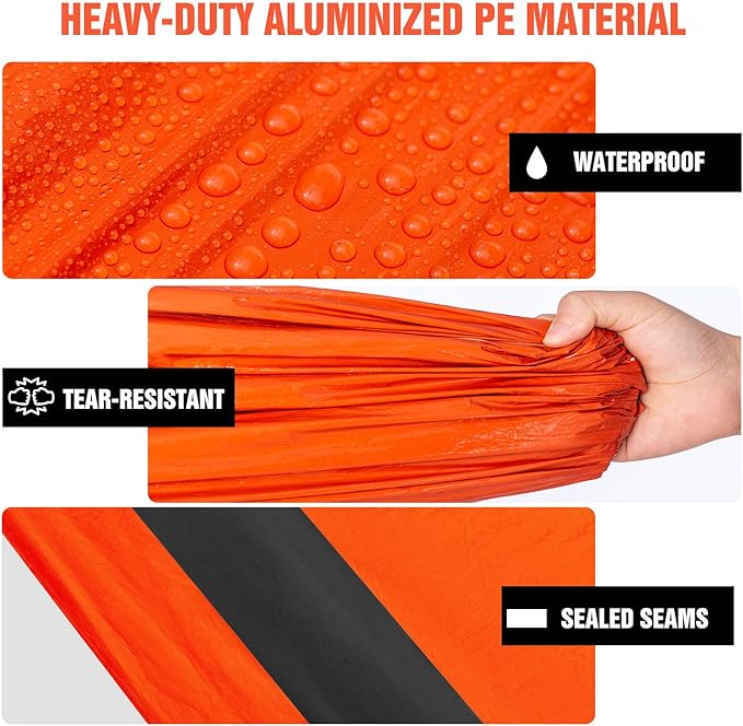 Delmera Emergency Sleeping Bag, Lightweight Survival Sleeping Bags Waterproof Thermal Emergency Blanket, Bivy Sack Survival Gear for Outdoor Adventure, Camping, Hiking, Orange, Green