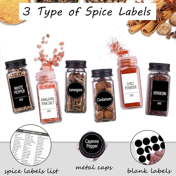 Churboro 48 Spice Jars with 547 Labels- Glass Spice Jars with Black Metal Caps, 4oz Empty Spice Containers with Shaker Lids, Funnel, Chalk Pen, Square Seasoning Bottles for Spice Rack, Drawer, Cabinet