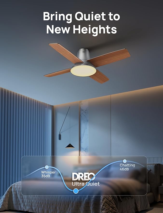 Dreo Ceiling Fans with Lights, 12 Speeds & 3 Fan Modes, Quiet DC Motor, Low Profile Easy to Install, Flush Mount Smart Ceiling Fan with Dimmable LED, 12H Timer for Bedroom, Remote, Silver, 44''