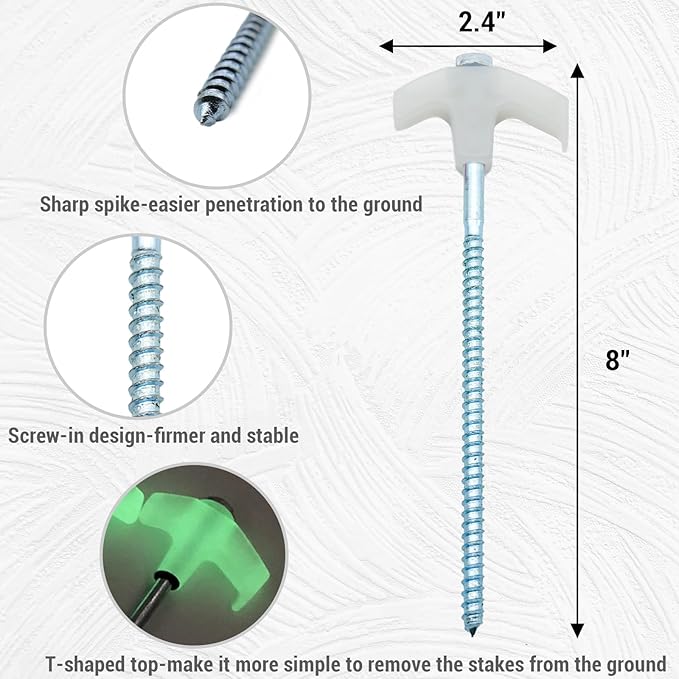 12 Pack Screw in Tent Stakes Heavy Duty-8” Metal Pegs for Ground, Drill in Camping Stake with Hex Head Driver, Spikes Puller, Protector in a Carrying Bag, for Hiking, Hammocks, Glow in Dark