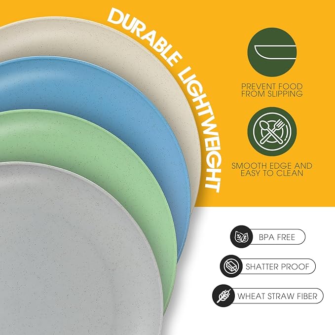 Dinner Plates Set of 8, Microwave and Dishwasher Safe Wheat Straw Dinnerware Plates for Kitchen, Unbreakable Kids Plates with 4 Colors, Suitable for picnics and party. (9 inch)