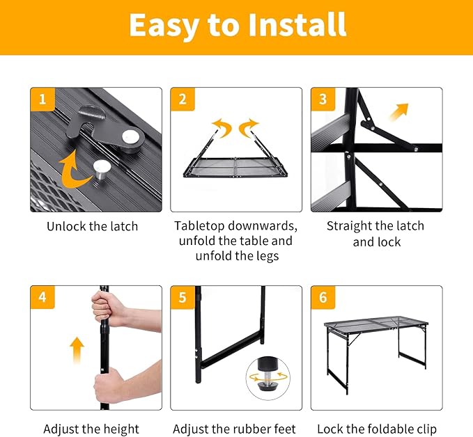 Camping Table 4FT Grill Table Foldable Folding Picnic Portable Stand Mesh 3 Height Adjustable Outdoor Card BBQ RV Black 47.2×23.6 inch