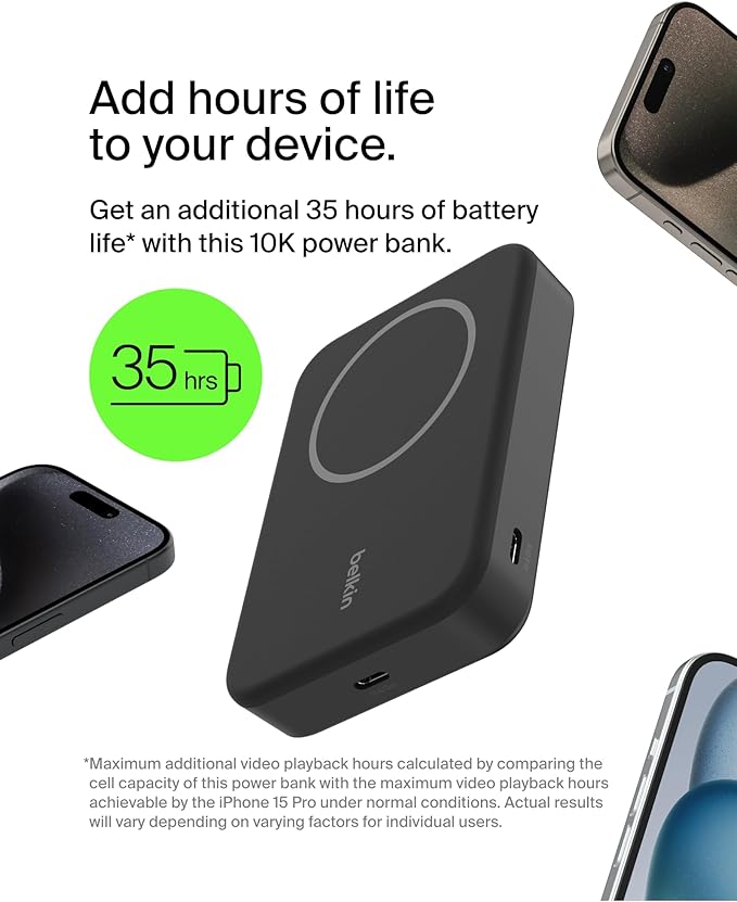 Belkin Portable Charger, Wireless Power Bank 15W 10000 mAh w/ Qi2, MagSafe Charger + Built-in Pop-up Kickstand - Compatible w/iPhone 17, Air, Pro, Pro Max, Google Pixel 10, etc. - Black