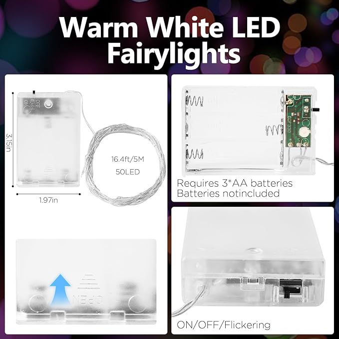 Fairy Lights Battery Operated String Lights 16.4ft 50LED Flashing and Constant Light Waterproof Silver Wire for Christmas DIY Party Bedroom Wedding (Multicolor, 2 Pack)