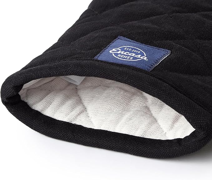 Encasa Heat Resistant Cotton Oven Gloves Mitts (2 Pc Set) - Quilted & Safe 12x7 in - for Kitchen, Cooking & Baking, Grilling, Handling Hot Pots & Pans - Full Black