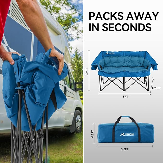 Double Camping Chairs Padded Loveseat Chair for 2 Person - Heavy Duty Oversized Camping Couch for Adults Outdoor Lawn Beach - Portable Folding Sofa with Cup Holders and Carry Bag, Bright Blue