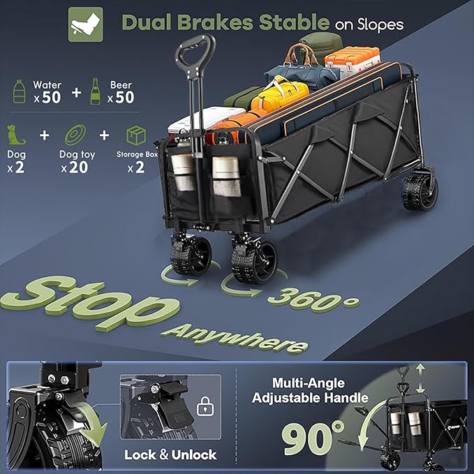 350L Large Capacity Foldable Wagon with Brakes, 560lbs Heavy Duty Collapsible Wagon Cart with Push Handle All-Terrain Big Wheels for Camping, Sports, Shopping, Beach