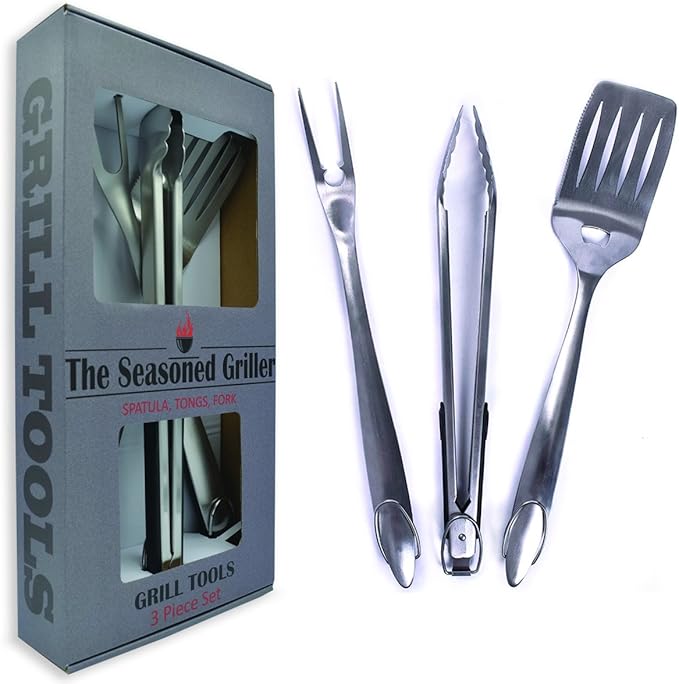 Extra Long Heavy Duty BBQ Grill Tools Set - 3 Piece Stainless Steel Utensils Set Includes Spatula Fork & Tongs - Barbecue Grilling Accessories - Outdoor Grilling kit in Gift Box Packaging