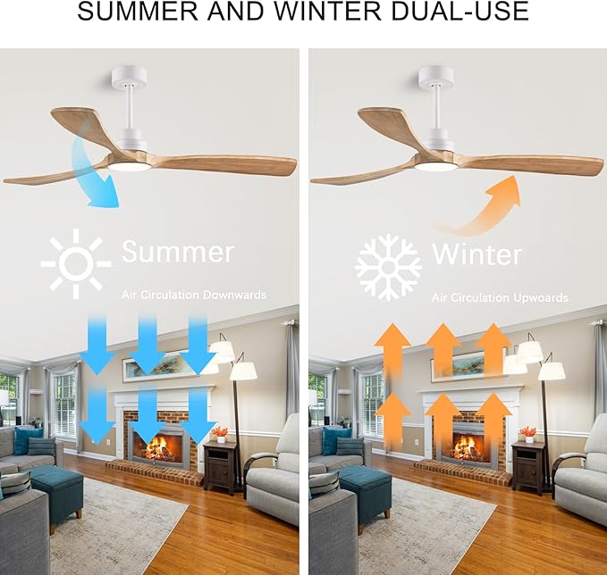 60" Ceiling Fans with Light with Remote Control, Indoor Outdoor Wood Ceiling Fan with 3 Wood Blades for Living Room, Hallway, Office, Farmhouse, etc. (White + Wood Color)
