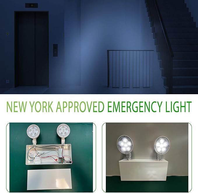 New York Certified LED Emergency Light, White Housing with Backup Battery, Two Adjustable Lamps Heads, 120-277V, Commercial Grade, Fire Resistant, UL Certified NYC-100 (2 Heads)