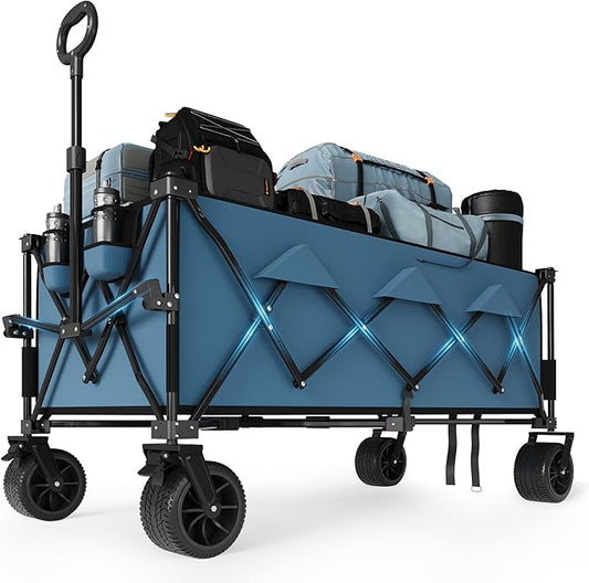 Heavy Duty Foldable Wagon for Beach, Extra Large Collapsible Foldable Wagon for Camping, All Terrain Beach Wagons Extended with Cup Holders for Sand