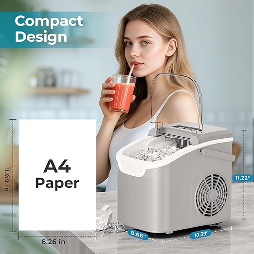 Countertop Ice Maker – 8 Bullet Ice in 6 Mins, 26.5lbs/24Hrs – Self-Cleaning Portable Machine with Adjustable Ice Size & Digital Touch Control Home/Office/Bar