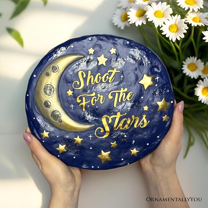 Elegant Resin Stepping Stone, Outdoor Garden Pathway Decoration (Shoot for The Stars Stepping Stone, 9.5" Galactic Moon and Stars Space Themed Gift)