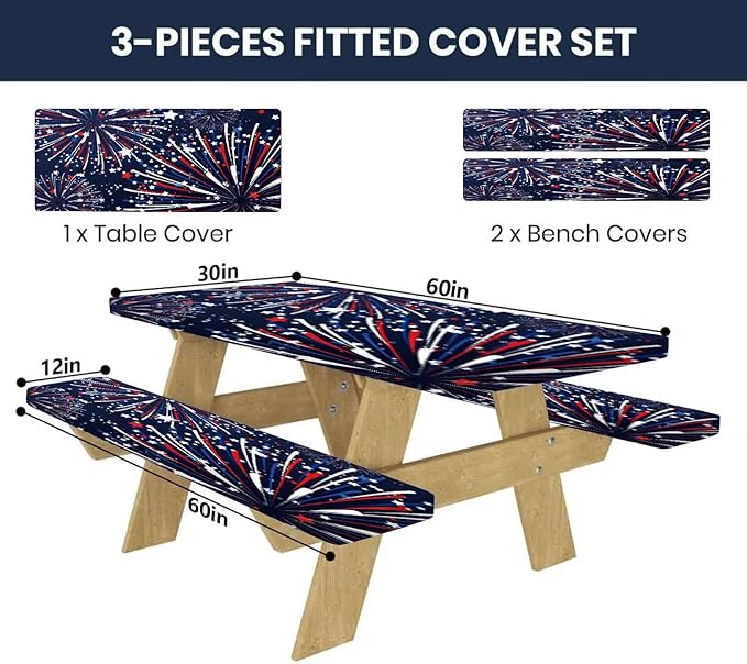CAPSCEOLL Elastic Picnic Table Cover with Bench Covers 5Ft Waterproof Fitted Picnic Table Cover Cloths for Outdoors Camping Tablecloth with Drawstring Bag, 60X30in, Fireworks