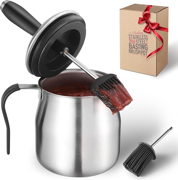 32 OUNCE Basting Pot with Replaceable Brushes，Grilling Gifts for Men&Dad，Stainless Steel 304 Barbecue Sauce Holder Brush Set，Airtight Melting Pot BBQ Sauce Container for Outdoor Grill，Butter Melting