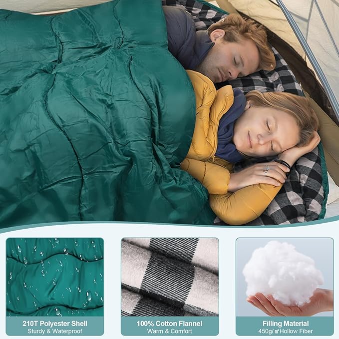 0 Degree Flannel Double Sleeping Bag for Adults, Couples or Family - Winter Queen Size Waterproof & Warm 2-Person Sleeping Bag for Cold Weather Camping, RV Travel