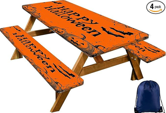 CAPSCEOLL Elastic Picnic Table Cover with Bench Covers 5Ft Waterproof Fitted Picnic Table Cover Cloths for Outdoors Camping Tablecloth with Drawstring Bag, 60X30in, Happy Halloween