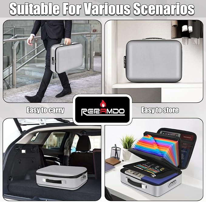 Fireproof Document Box, Hard Shell Fireproof Box, Document Organizer with Lock, Fireproof Water Resistant box, Portable Documents Safe Box for Important Document Certificates, Laptop, Passports,Silver