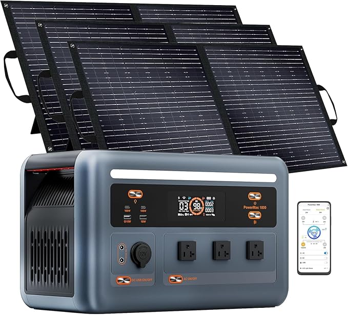 OSCAL Solar Generator with 3x100W Solar Panel PowerMax 1800 (2025 New), 1024Wh LiFePO4 Battery Generator with 3 AC Outlets (3200W Surge), 700W AC Charging, APP Control Power Station for Home Backup
