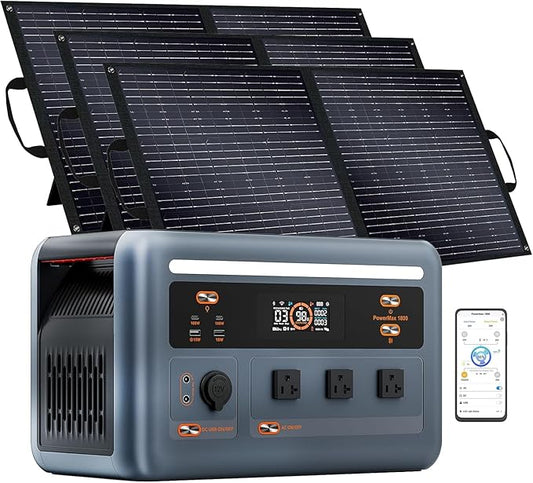 OSCAL Solar Generator with 3x100W Solar Panel PowerMax 1800 (2025 New), 1024Wh LiFePO4 Battery Generator with 3 AC Outlets (3200W Surge), 700W AC Charging, APP Control Power Station for Home Backup