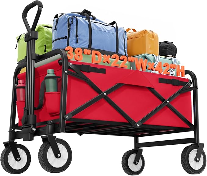 Collapsible Wagon Folding Wagon Garden Cart with Large Capacity, Portable Utility Wagon Cart Heavy Duty for Beach Camping Shopping Garden, Red