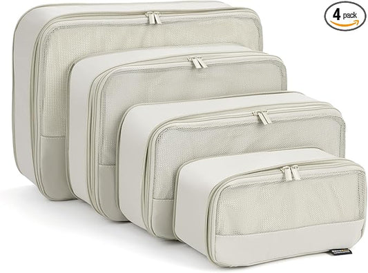 4 Piece Compression Packing Cubes for Suitcases and Backpack, Lightweight Travel Organizers (Off-White)