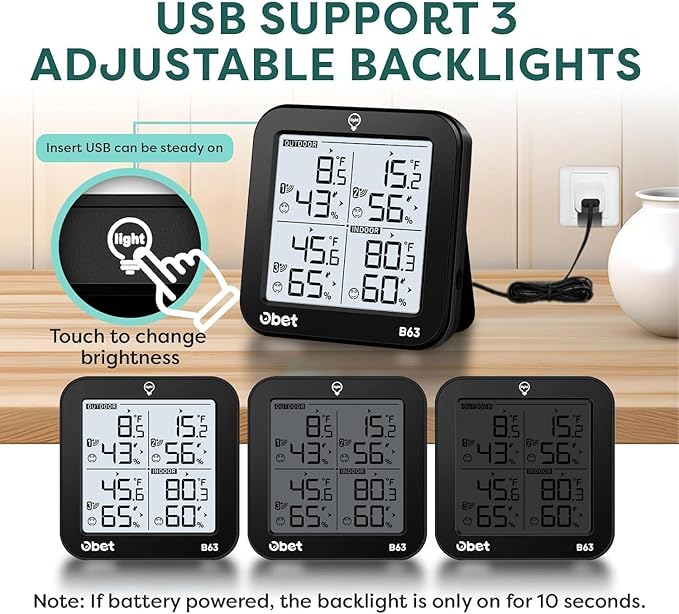 OBET Indoor Outdoor Thermometer Wireless with 3 Sensors Weather Station Temperature Humidity Monitor 500ft Range and Adjustable Backlight and Min Max Data Black