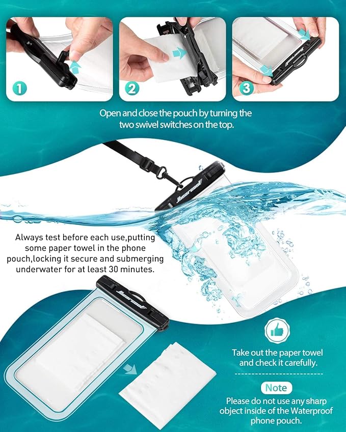Hiearcool Waterproof Phone Pouch, Waterproof Beach Bag Compatible for iPhone 16 15 14 13 Pro Max Up to 8.3", IPX8 Cellphone Kayak Accessories, Travel Essentials for Beach -Clear-2Pack
