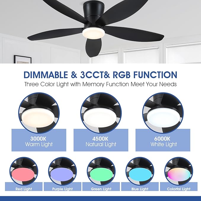 Flush Mount RGB Ceiling Fans with Lights-48 Low Profile Ceiling Fan with Light and Remote/APP Control,DC Reversible,LED Dimmable Blakc Ceiling Fans for Bedroom,Indoor/Outdoor Patio Use