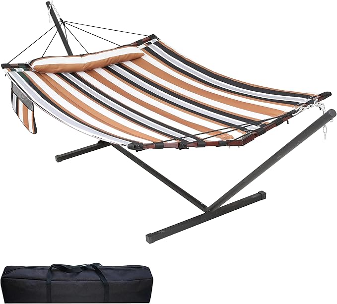 TegerDeger 12FT 2 Person Hammock with Stand Included 55 x 79IN Large Hammock 450LB Capacity with V Shaped Hardwood Spreader Bar & Nylon Rope for Outside, Patio, Garden, Backyard, Beach- Coffee Stripes