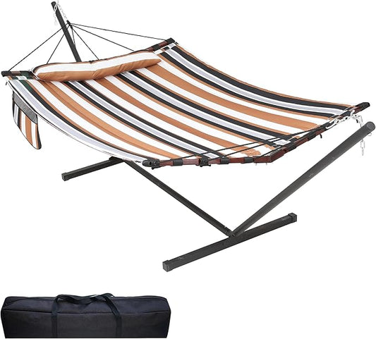 TegerDeger 12FT 2 Person Hammock with Stand Included 55 x 79IN Large Hammock 450LB Capacity with V Shaped Hardwood Spreader Bar & Nylon Rope for Outside, Patio, Garden, Backyard, Beach- Coffee Stripes