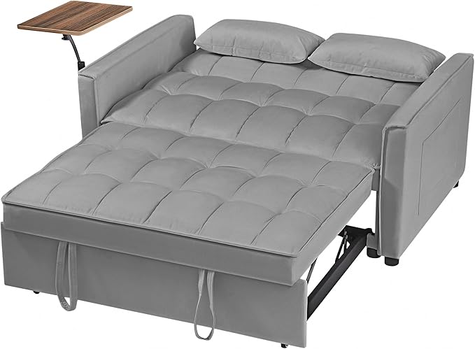 3-in-1 Convertible Sleeper Sofa Bed,Pullout Couch with 360° Swivel Side Table, Modern Chenille Fabric, Easy to Assemble, Folding Loveseat Sofa Bed for Living Room & Guest Room