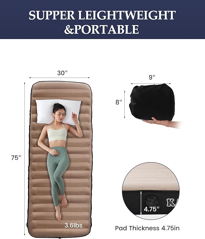 Inflatable Sleeping Pad for Camping, Extra-Thick 4.75" Single Air Mattress with Soft Velvet Top, Machine Washable, Family Lightweight 4-Season Pad for Traveling & Hiking, Brown