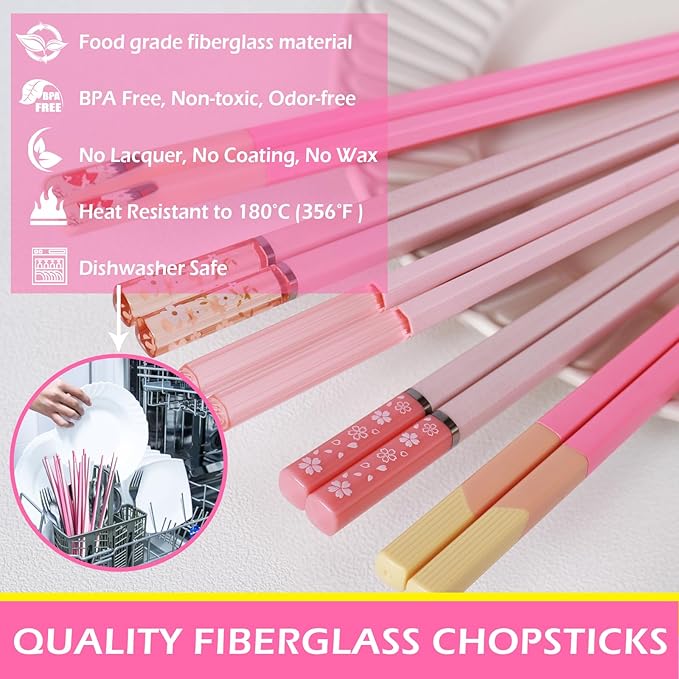 Chopsticks Reusable Dishwasher Safe, GLAMFIELDS 10 Pairs 9.5 Inches Premium Fiberglass Chop Sticks Set for Sushi, Ramen, Asian Cuisine, Non-slip, Pink